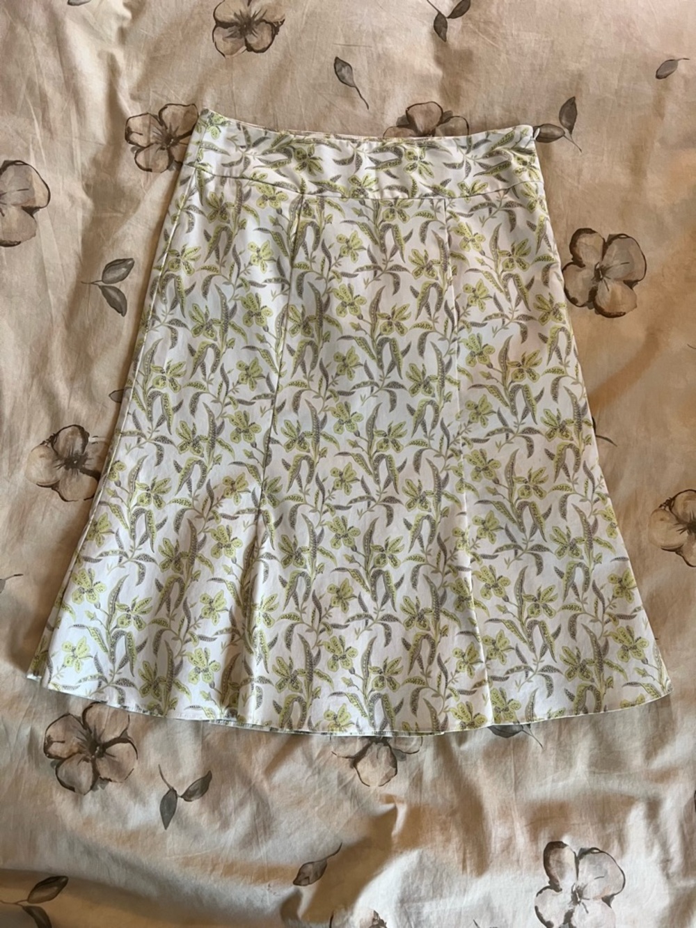 White A-Line Skirt with Light Green Floral Print